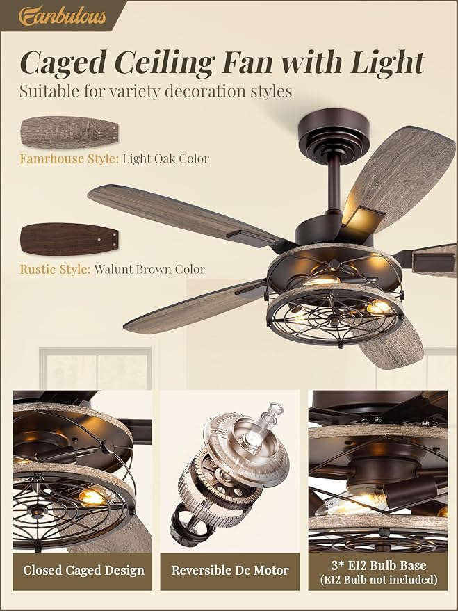 Fanbulous Farmhouse Ceiling Fan with Light and Remote, Industrial Caged Flush Mount Ceiling Fans with 6 Speed Reversible Motor and Dual Finish 5 Blades, for Living room, Bedroom (Oil Bronze, 42 Inch)