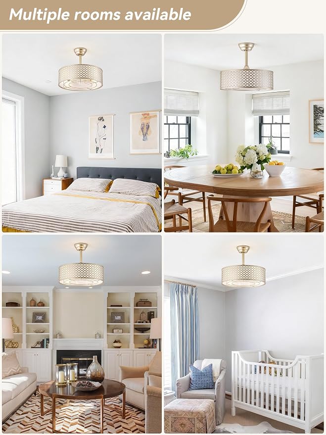 Gold Fandelier Ceiling Fan with Light, 20" Caged Boho Ceiling Fans with Lights and Remote, Mid Century with 6 Speeds for Bedroom, Living Room, Nursery