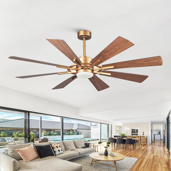 60 inch Gold Ceiling Fan, Indoor & Outdoor Large Ceiling Fans with Lights and Remote, 8 Blades, Quiet DC Motor, High Ceiling Fan for Kitchen Living Room Garage, 3 CCT, 6 Speed, Timer