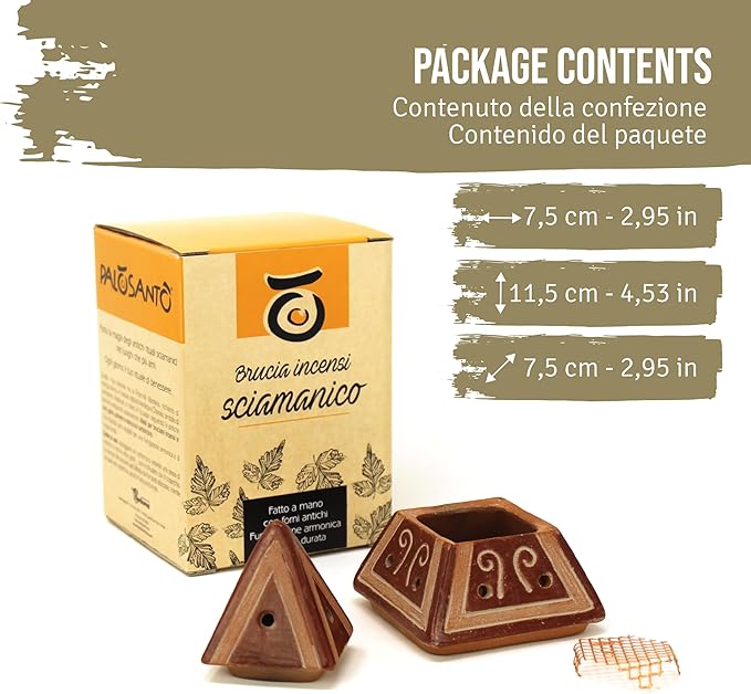 PALOSANTO - Palo Santo Incense Holder - Pyramid - Incense Burner in Terracotta - Suitable for Cones, Grains, Powder, Resins, Herbs and Charcoals - Handmade in Ecuador