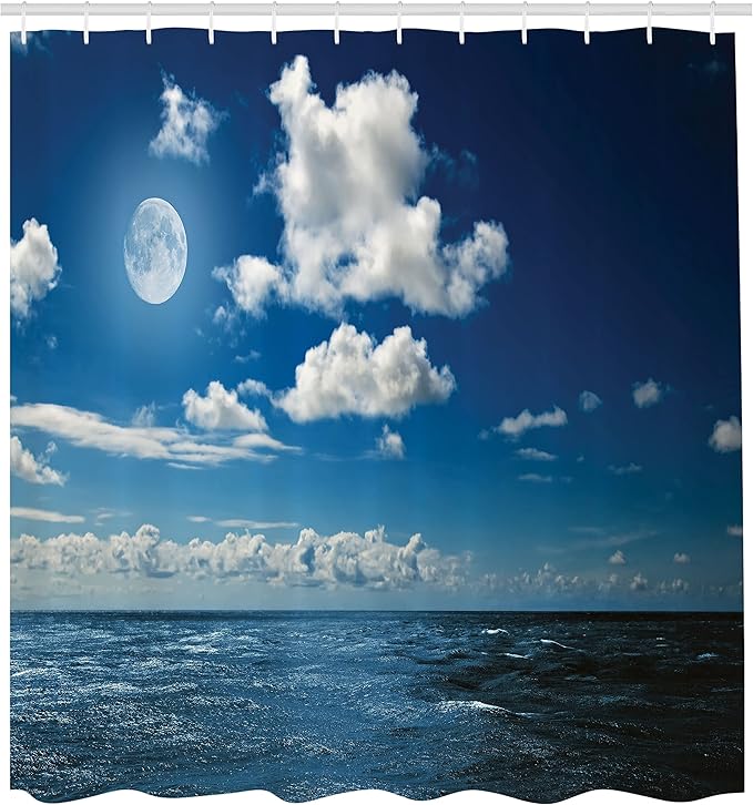 Ambesonne Ocean Shower Curtain, Full Moon Night Sky and Wavy Ocean Horizon with Clouds Romantic Scene Image, Cloth Fabric Bathroom Decor Set with Hooks, 69" W x 70" L, Aqua Blue