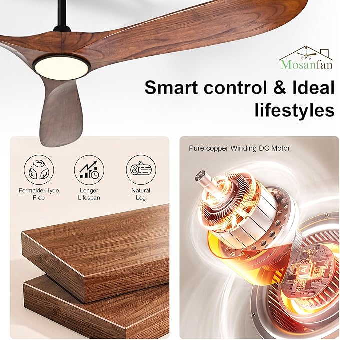 52 Inch Ceiling Fans with Lights and Remote, Wood Outdoor Ceiling Fan with 6 Speed Noiseless DC Motor, Indoor Modern 3 Blade Propeller Ceiling Fan for Bedroom Living Room Gazebo Patio(Walnut)