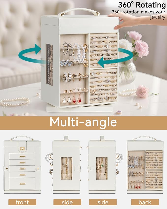 AKOZLIN 6-Tier Jewelry Box Organizer Functional 5 Drawers Leather Jewelry Storage Case for Women Girls Ring Necklace Earring Bracelet Holder Organizer with Mirror White 360° Rotating