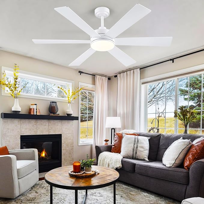BayDay Farmhouse Rustic Ceiling Fans with Lights and Remote, Bedroom Living Room Kitchen Fans Ceiling with Light Chandier (White, 52 inch)