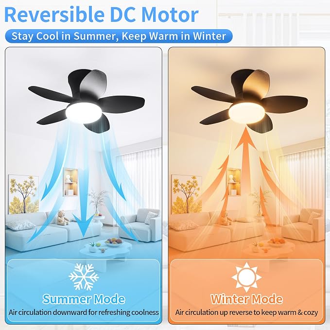 25" Small Ceiling Fans with Lights & Remote,6 Speeds Reversible Flush Mount | 5 Blades, Adjustable Color Temperature, Dimmable, Timer, Low Noise for Bedroom, Kitchen, Study, Laundry Room, Black
