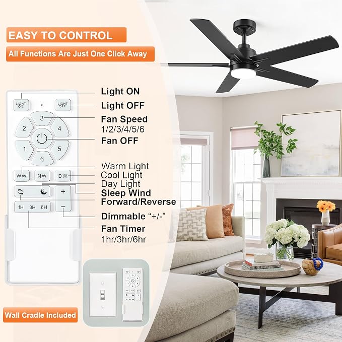 YUHAO 48 Inch Black Ceiling Fan with Light and Remote Control.Noiseless,Dimmable, 3CCT,6 Speeds Reversible, Modern DC Ceiling Fans for Indoor or Covered Outdoor Use,ETL Listed