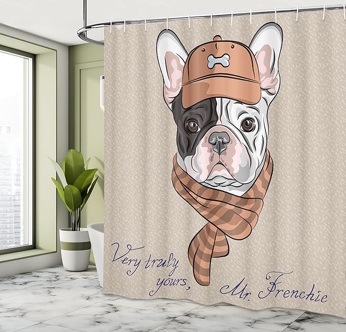 Ambesonne Vintage Shower Curtain, Funny Hipster French Bulldog with Cap and Lines Scarf Punk Animal Humor Art, Cloth Fabric Bathroom Decor Set with Hooks, 69" W x 75" L, Brown Ecru