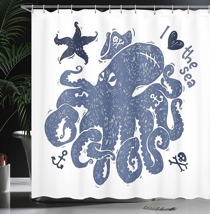 Ambesonne Octopus Shower Curtain, Nautical Theme Image of a Pirate Octopus with Anchors and Starfish Retro, Cloth Fabric Bathroom Decor Set with Hooks, 69" W x 70" L, White Blue
