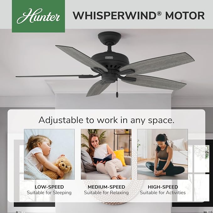 Hunter Newsome, Indoor, Ceiling Fan, No Light, Quiet, 52 inch, Matte Black
