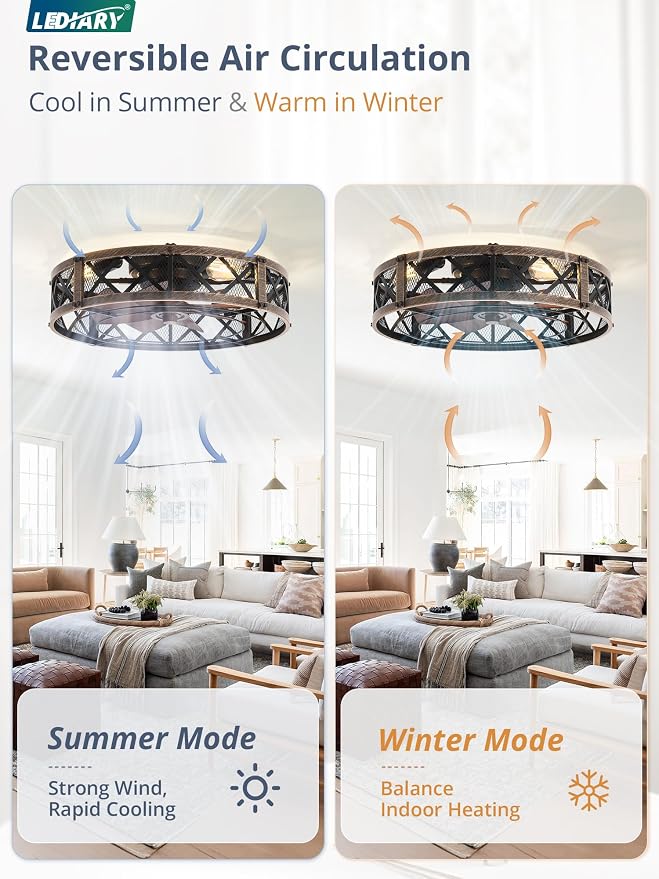 LEDIARY 23" Caged Ceiling Fan with Light, APP&Remote Control, Large Flush Mount Farmhouse Fan Lights, Low Profile Rustic Bladeless Ceiling Fan Fixtures for Bedroom, Kitchen-Black Gold Color