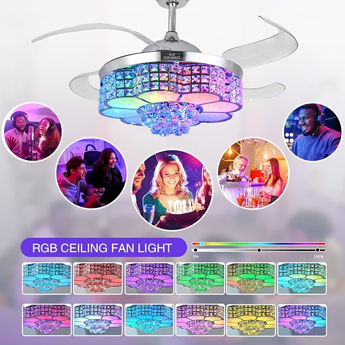 BAYSQUIRREL Retractable Ceiling Fan with Light and Remote/APP Control, Bluetooth Ceiling Fans with Speaker, RGB-LED Light 6 Speeds Reversible Blades,Chandelier Crystal Ceiling Fan with Lights