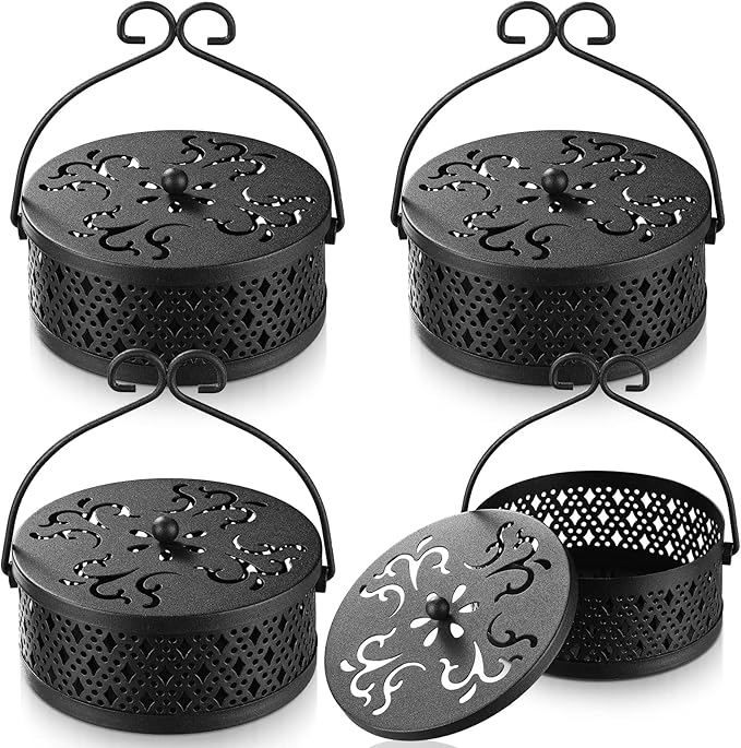 Lallisa Incense Coil Holder Sets, Round Metal Hanging Incense Burner with Handle and Lid, Portable Coil Burner Stand Container for Patio Camping Garden Home Indoor Outdoor Decor(Black,4 Pcs)