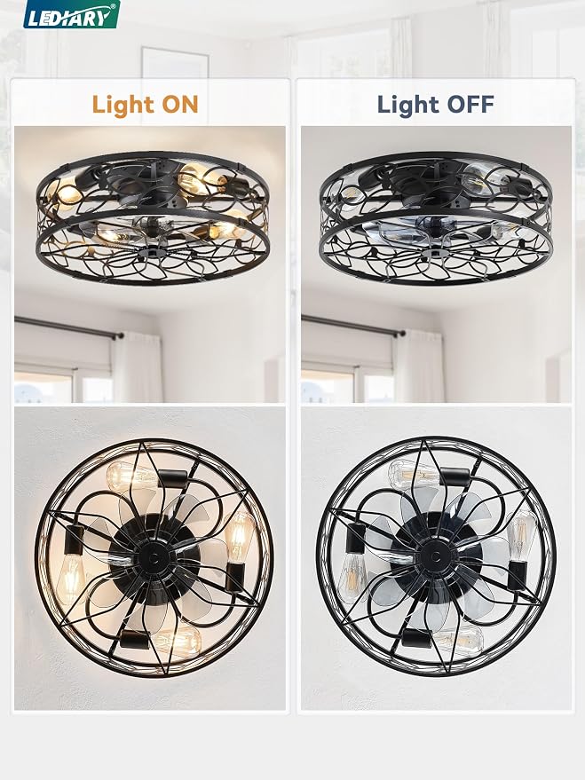 LEDIARY 20 Inch Caged Ceiling Fans with Lights, Black Flush Mount Ceiling Fan with Remote, Low Profile Bladeless Ceiling Fan Light Fixture for Bedroom, Kitchen, Dining Room