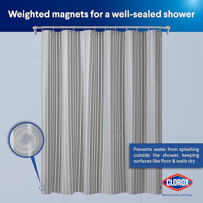 Clorox Shower Curtain Liner, Premium Striped Medium-Weight Durable Waterproof 6g PEVA for Bathroom with Weighted Magnets, Printed Standard Size 72" x 72", Grey