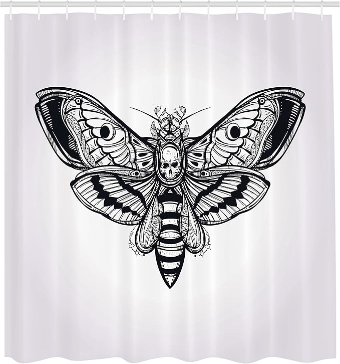 Ambesonne Skull Shower Curtain, Dead Moth with Skull Face in Gothic Grunge Style Dark Butterfly Inner Self Journey, Cloth Fabric Bathroom Decor Set with Hooks, 69" W x 70" L, White Black