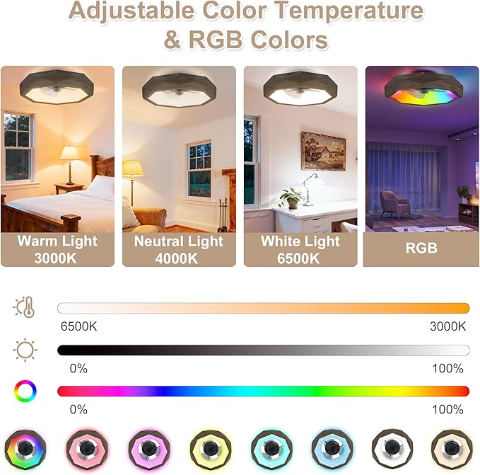 RGB Ceiling Fans with Lights and Remote, Modern Smart LED Ceiling Fans Light, 6 Speeds & 3000K-6500K Dimmable, Quiet Bladeless Fandelier Ceiling Fan with Light for Bedroom (22In,Walnut Wood)