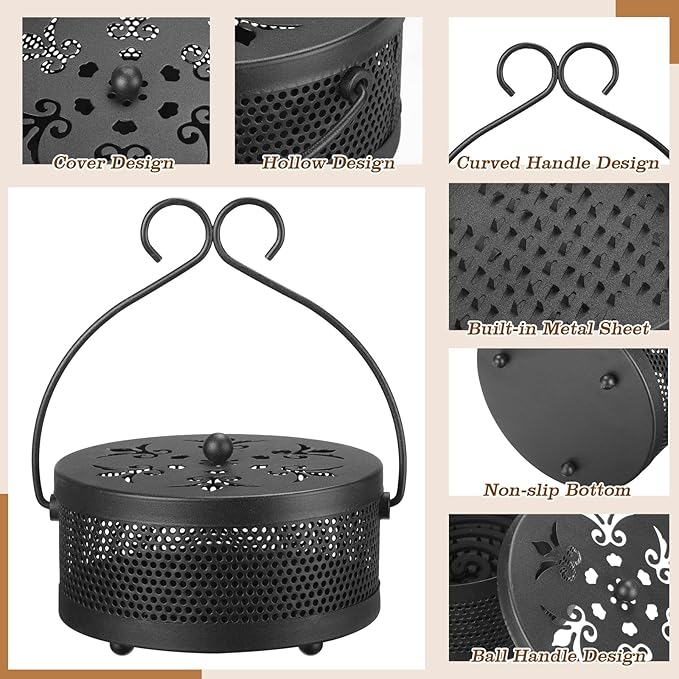 Lallisa Incense Coil Holder Sets, Round Metal Hanging Incense Burner with Handle and Lid, Portable Coil Burner Stand Container for Patio Camping Garden Home Indoor Outdoor Decor(Classic Black,4 Pcs)