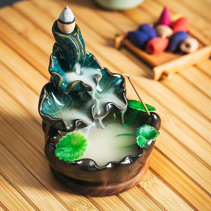 Cute Ceramic Backflow Incense Holder Waterfall Incense Burner with 48 Incense Cones and 30 Incense Stick, Incense Fountain for Home Decor, Desk Decor(Cyan)
