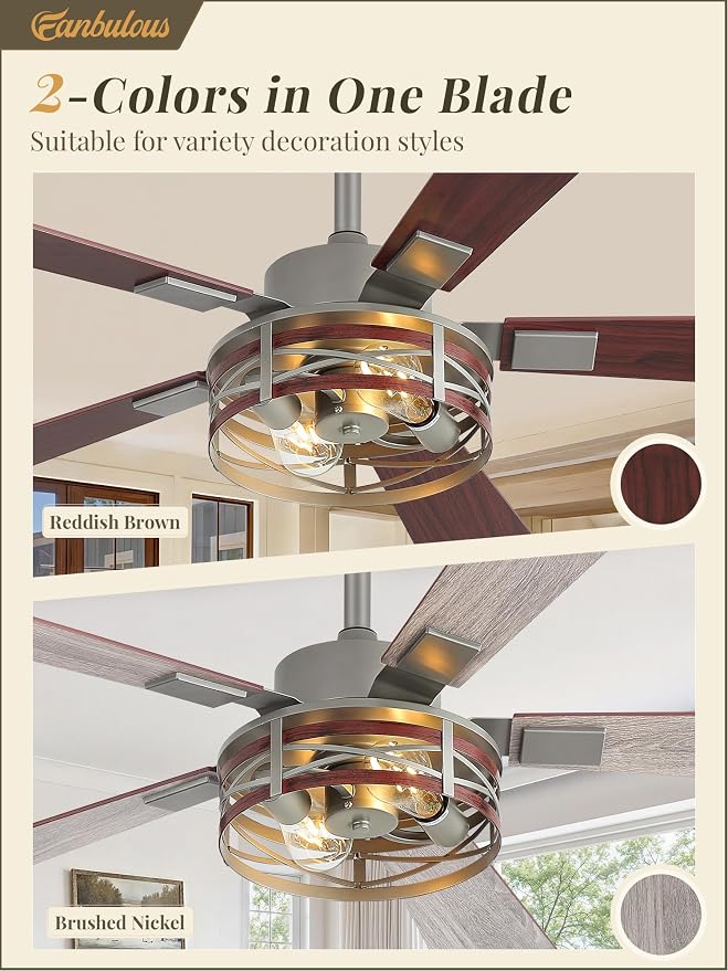 Fanbulous Farmhouse Ceiling Fans with Light, 48 Inch Bedroom Ceiling Fan with Lights, 6-Speed Adjustable, Quiet and Reversible DC Motor, 5 Dual Finish Blades, Rustic Caged Ceiling Fan，Brushed Nickel