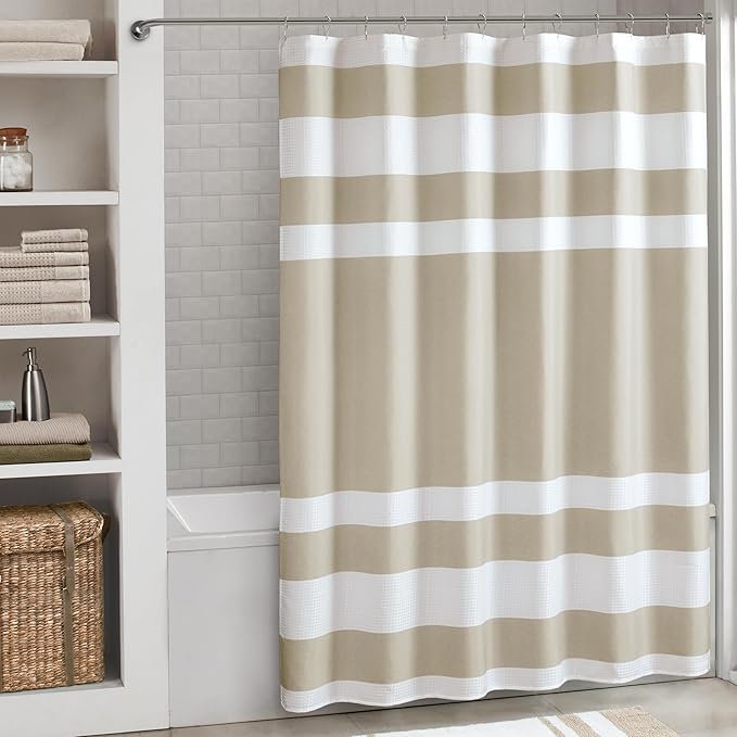 Madison Park Shower Curtain, Waffle Weave, Pieced Design Fabric Shower Curtain with 3M Scotchgard Moisture Management, Premium Spa Quality Modern Shower Curtains for Bathroom, Tall 72"x84" Taupe
