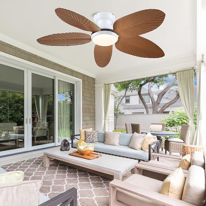 Kviflon Tropical Ceiling Fans with Lights and Remote/APP Control, 45 Inch Low Profile Flush Mount Ceiling Fans, Palm Leaf Ceiling Fan with Light for Bedroom Patios Porch Outdoor, Wood Grain