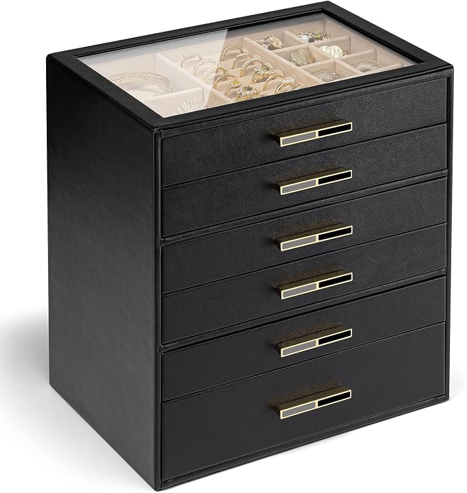 VLANDO 6 Layer Jewelry Box for Women, Glass Lid Jewelry Organizer with 6 Drawers for Necklaces Rings Earrings Bracelets - Black