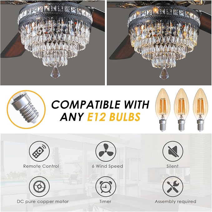 62" Black Crystal Chandelier Ceiling Fans with Lights and Remote Control | Classical Design,6 Reversible Speeds,30W Quiet DC Motor,5 Wooden Blades,3*E12 LED Bulbs Included,for Living Room Bedroom