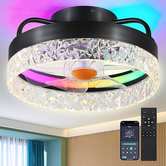 Mpayel RGB Ceiling Fans with Lights and Remote, 13'' Low Profile Ceiling Fans, LED Bladeless Modern Flush Mount Ceiling Fan Light for Bedroom, Living Room, Kitchen
