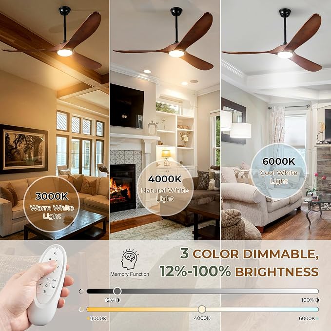 52" Ceiling Fans with Lights and Remote Control, Outdoor Ceiling Fan with Lights High CFM Quiet 3 Blade Wood Walnut Fan, Propeller Ceiling Fan for Outdoor/Indoor,Dark Walnut