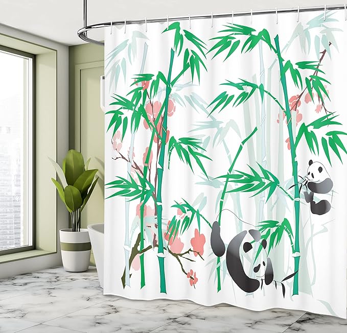 Ambesonne Panda Shower Curtain, Wild Forest Nature Themed Exotic Jungle and Asian Bear in Ethnic Tropics, Cloth Fabric Bathroom Decor Set with Hooks, 69" W x 84" L, Pink Black and Green