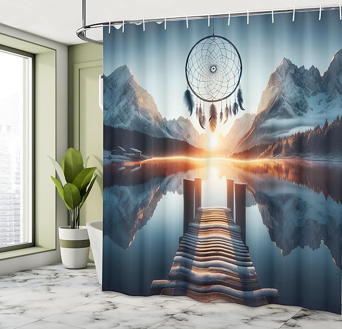 Ambesonne Lake Shower Curtain, Sunset Horizon Snowy Mountains Bohemian Dreamcatcher Peaceful View Wooden Pier, Cloth Fabric Bathroom Decor Set with Hooks, 69" W x 75" L, Slate Blue Orange