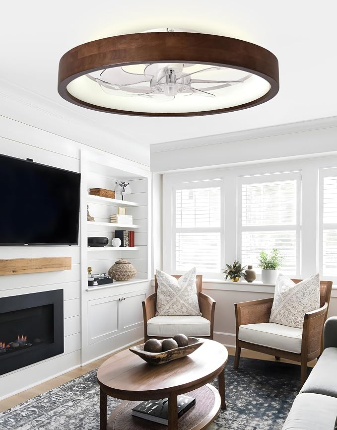20'' Fandelier Ceiling Fan with Light, Low Profile Flush Mount Wood Ceiling Fan, APP & Remote Control, Dimmable & 6 Speeds