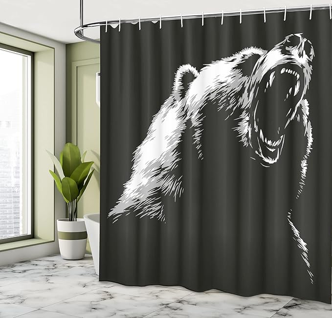 Ambesonne Bear Shower Curtain, Sketch Line Style Roaring Carnivore Fur and Fangs Aggressive Predator Fauna, Cloth Fabric Bathroom Decor Set with Hooks, 69" W x 75" L, Charcoal Grey White