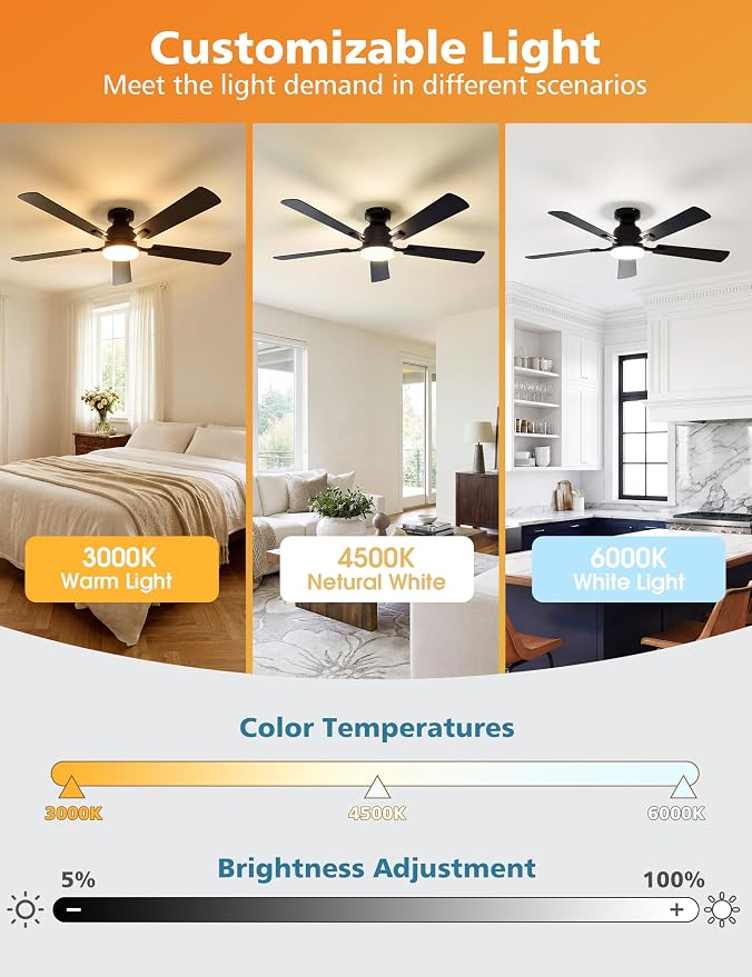 VOLISUN 52 Inch Ceiling Fan with Lights Flush Mount, Low Profile Ceiling Fans with Lights, Remote&APP Control,Dimmable 22W LED Light,Queit&Reversible Fan, Black Ceilings Fans for Bedroom, Living Room