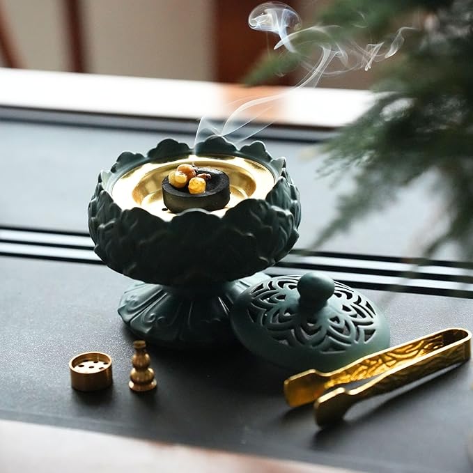 Ceramic Incense Burner for Frankincense, Bakhoor, Charcoal, Stick, Powder, Cone, Coil, and Tower Incense - Accessories for Meditation and Aromatherapy with Tweezers