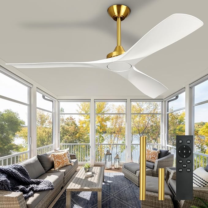 Modern Ceiling Fan with Remote: White and Gold Ceiling Fans 3 Blades - 60 Inch Ceiling Fan No Light for Covered Outdoor Living Room Bedroom