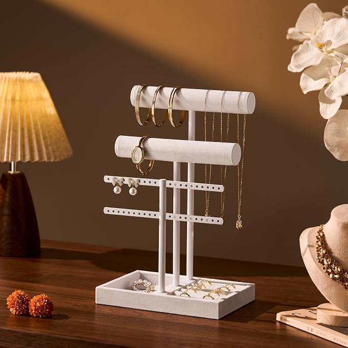 Jewelry Organizer Stand for Necklaces, Bracelets, Earrings, Rings, PW | 3 Tier Velvet Bracelet Holder Display | Jewelry Organizers and Storage | Jewelry Tree | Jewelry Towers