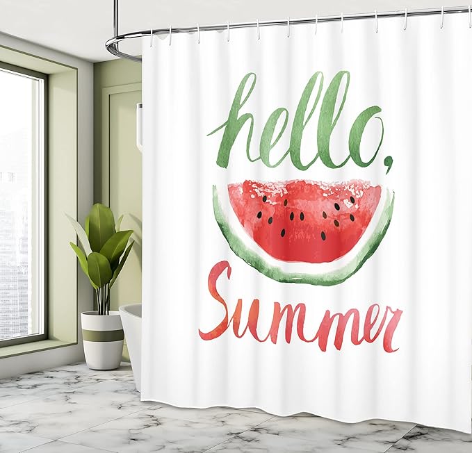 Ambesonne Hello Summer Shower Curtain, Watermelon Calligraphy Fruit Food Summer Painting Effect Modern, Cloth Fabric Bathroom Decor Set with Hooks, 69" W x 70" L, Jade Green and Dark Coral