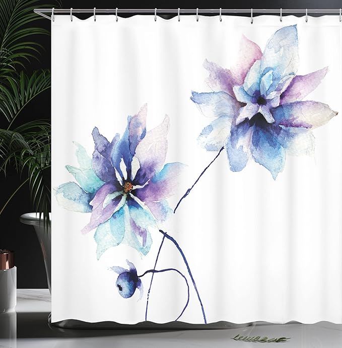Ambesonne Watercolor Flower Shower Curtain, A Drawing with Soft Spring Colors Retro Style Floral Theme Picture Artwork, Cloth Fabric Decor for Home Bathroom Set with Hooks, 69" W x 75" L, White Purple