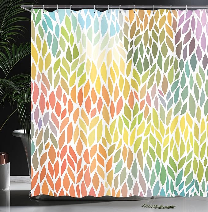 Ambesonne Autumn Shower Curtain, Leaves Pattern in Summer Autumn Time Seasonal Forest Colorful Geometrical Nature, Cloth Fabric Bathroom Decor Set with Hooks, 69" W x 70" L, Green Orange