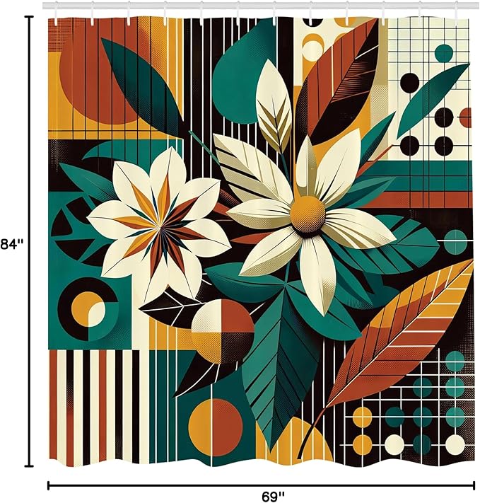 Ambesonne Mid Century Modern Shower Curtain, Retro Flowers Paint with Vertical and Horizontal Lines, Cloth Fabric Bathroom Decor Set with Hooks, 69" W x 84" L, Amber Jade Green Eggshell