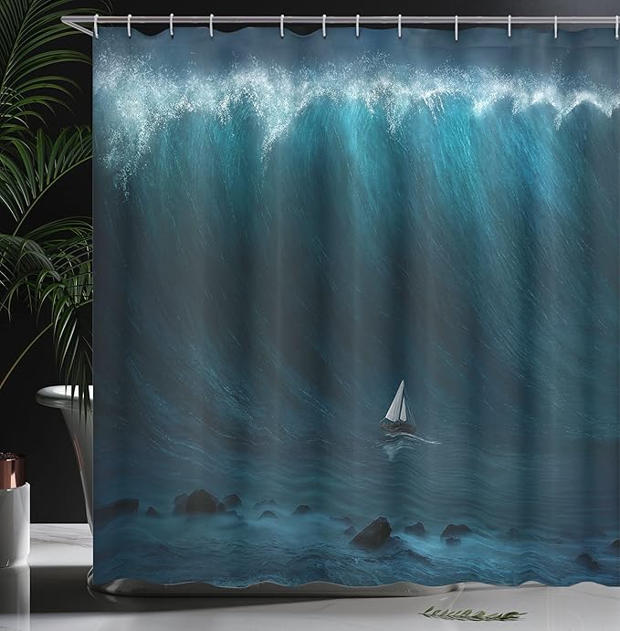 Ambesonne Ocean Shower Curtain, Small Boat Being Captured by a Large Wave Seastorm Tsunami Marine Aquatic Theme, Cloth Fabric Bathroom Decor Set with Hooks, 69" W x 70" L, Blue White
