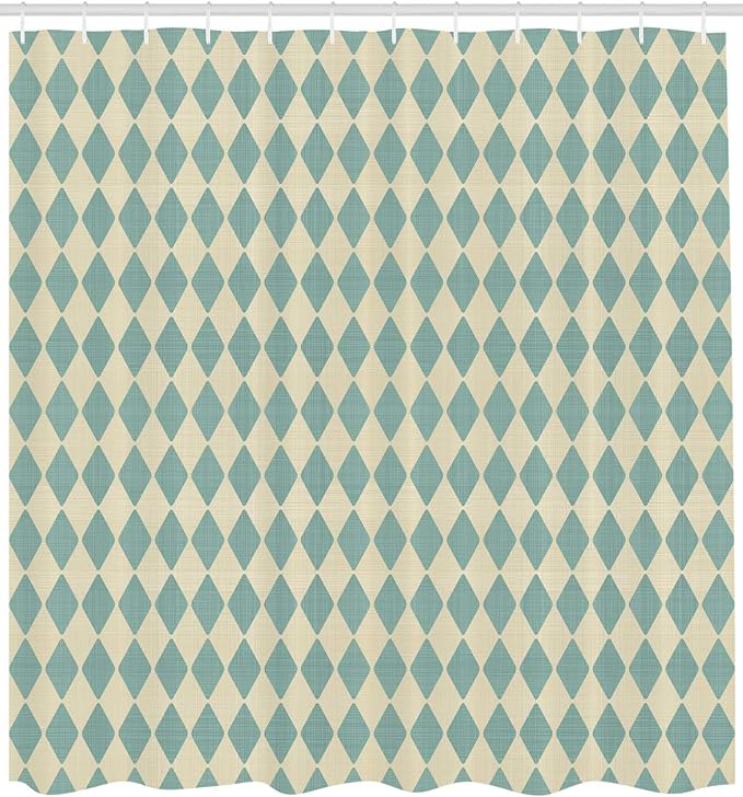 Ambesonne Geometric Shower Curtain, Rhombus Pattern with Retro Design Inspirations Vintage Argyle Arrangement, Cloth Fabric Bathroom Decor Set with Hooks, 69" W x 70" L, Beige Teal