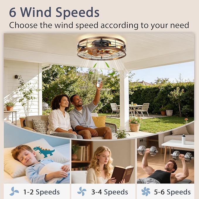 VOLISUN Farmhouse Caged Ceiling Fans with Lights Flush Mount, 23.6'' Rustic Low Profile Ceiling Fan with Light and Remote, Bladeless Fandelier Ceiling Fans with Lights for Kitchen, Bedroom-Gold