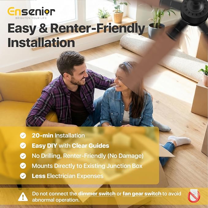 Ensenior 52 inch ceiling fan with light and remote, Noiseless Reversible DC Motor Fandelier Ceiling Fan, 6 Speeds, 3CCT, Black Modern Ceiling Fan for Bedroom and Living Room, 5 Dual-Finish Blades