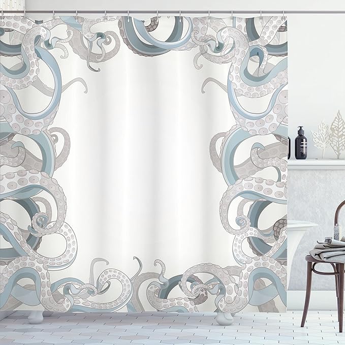 Ambesonne Octopus Shower Curtain, Background of Octopus Tentacles Aquatic Under The Sea Art Illustration Marine Life, Cloth Fabric Bathroom Decor Set with Hooks, 69" W x 84" L, Grey Blue