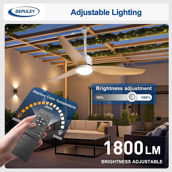 Depuley 52-Inch Ceiling Fans with Lights: Outdoor Waterproof Ceiling Fan for Patios - Plug in Gazebo Fans with Remote Control - Low Profile Outdoor Fan 3 CCT DC Motor for Pergola Porch - Wood Color