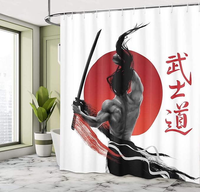 Ambesonne Japanese Shower Curtain, Samurai at Practice with Muscles Japanese Oriental Sun Discipline Image, Cloth Fabric Bathroom Decor Set with Hooks, 69" W x 70" L, Black and White