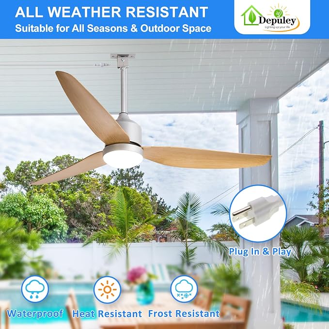 Depuley Outdoor Ceiling Fan with Light: 52 Inch Nickel Waterproof Gazebo Fans with Lights Outdoor Hanging - Plug in Remote App Control for Patio Indoor Farmhouse Porch - 6 Speed Reversible DC Motor