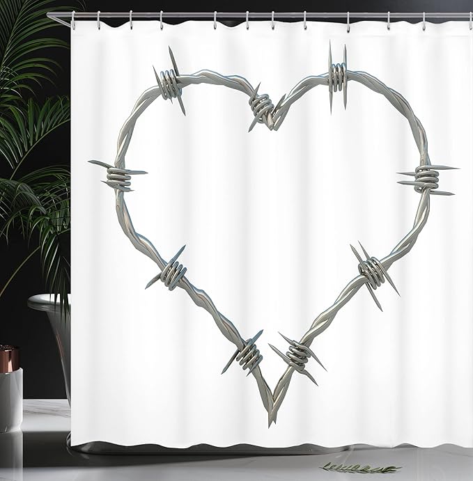 Ambesonne Barbed Wire Shower Curtain, Barbed Wire Heart Shape Twisted Security Safety Themed Illustration Print, Cloth Fabric Bathroom Decor Set with Hooks, 69" W x 70" L, Grey Cream